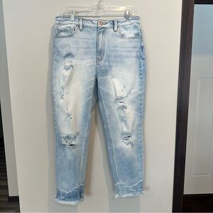 KanCan Mom Fit Ultra High Rise Distressed Light Blue Frayed Hem Ankle Jean